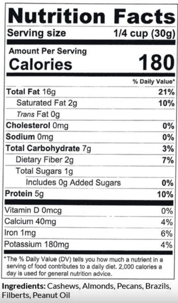 Nutritional chart for Deluxe Mixed Nuts, no salt